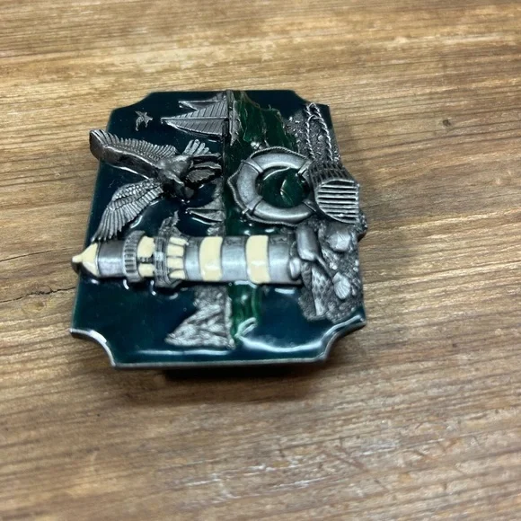 Vintage 1989 Siskiyou Buckle Co Inc Green Enamel and Pewter Nautical Belt Buckle - Picture 7 of 9